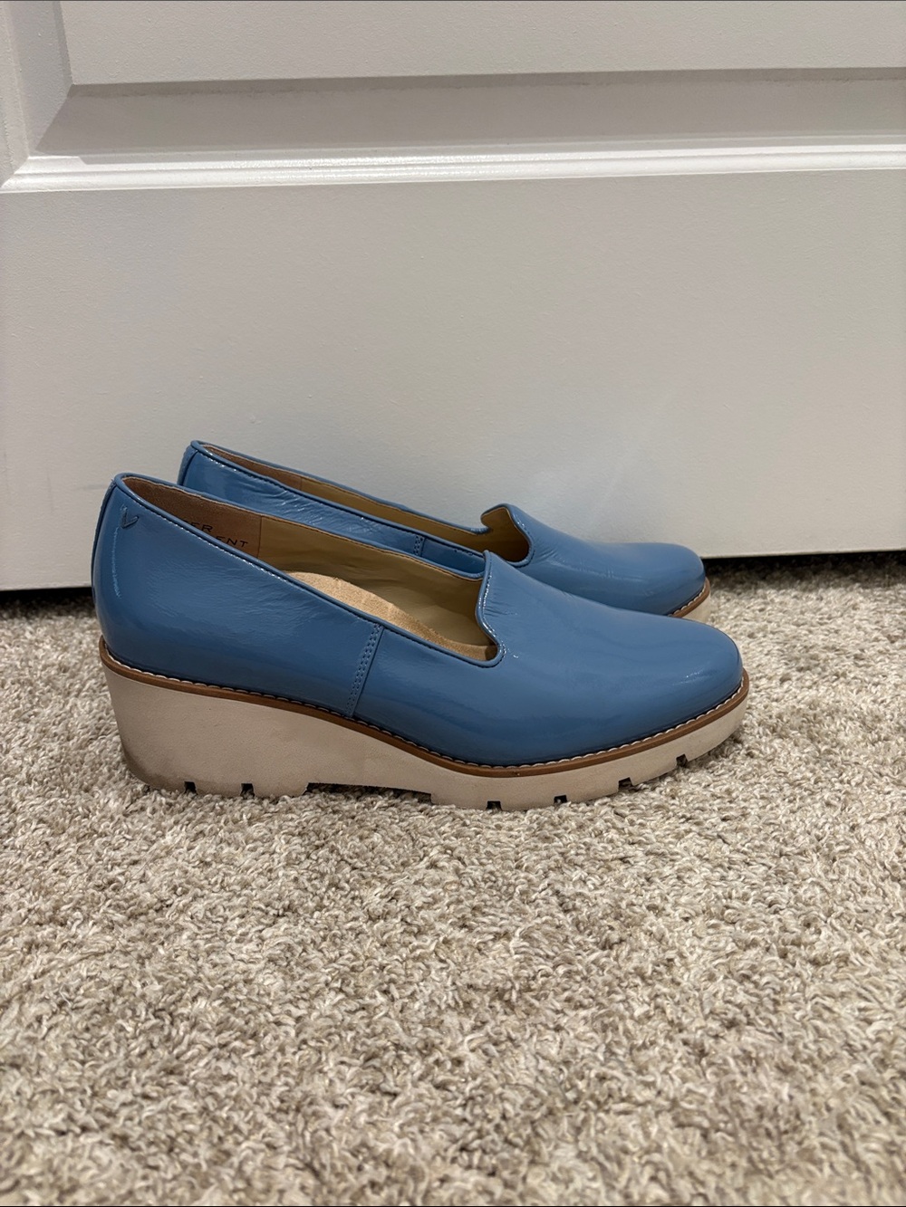 Vionic Blue Patent Platform Wedges